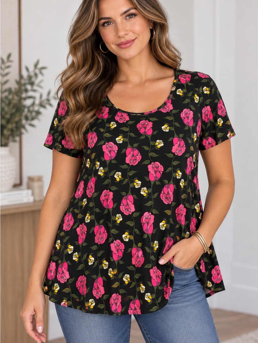 LuLaRoe Black Top with Pink Rose and Yellow Accent Floral Print